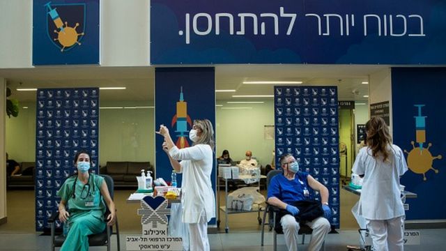 Ponto de vacinação em Israel, em que duas pessoas estão sentadas para receber a vacina contra a covid-19