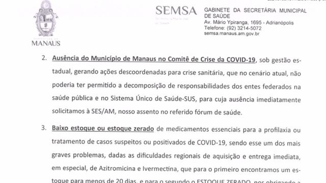 ofício enviado em 14 de janeiro ao Ministério da Saúde pela Secretaria de Saúde de Manaus diz que ivermectina e azitromicina são "medicamentos essenciais" para tratar covid-19