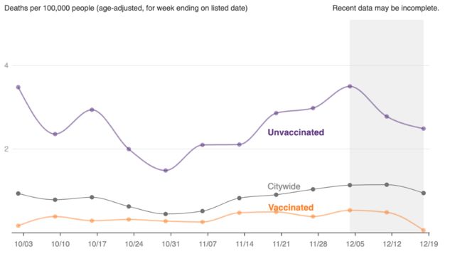 Gráfico da taxa de mortes por covid em Nova York entre vacinados (linha laranja) e não vacinados (linha roxa)